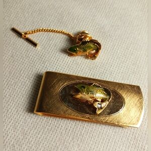Vntg Bass Fish Money Clip & Tie Set, Enamel.  Excellent condition